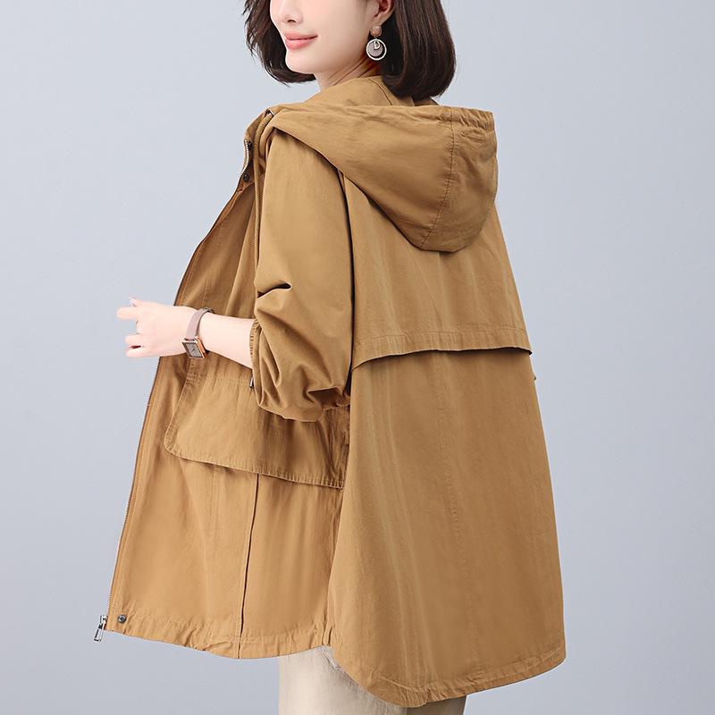2024 Women's Plus Size Hooded Cotton Trench Coat - Spring & Autumn Casual Mid-Length Style