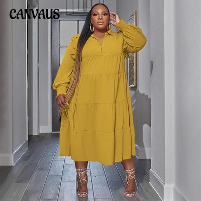 Spring and Autumn Plus Size Women's Ruffle Shoulder Long Sleeve Layered Hem Dress
