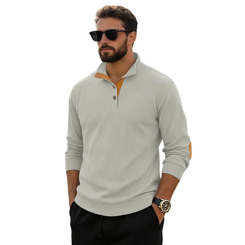 Spring and Autumn Solid Color Sports Long-sleeved Corduroy Tops for Men, Fashionable and Casual Stand-up Collar Outdoor Men's Pullover
