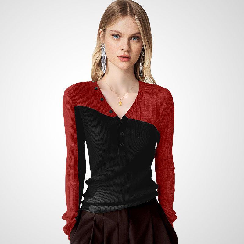 

V Neck Chic Work Clothing Splicing Pullover Long Sleeves Knitwear Red color matching M