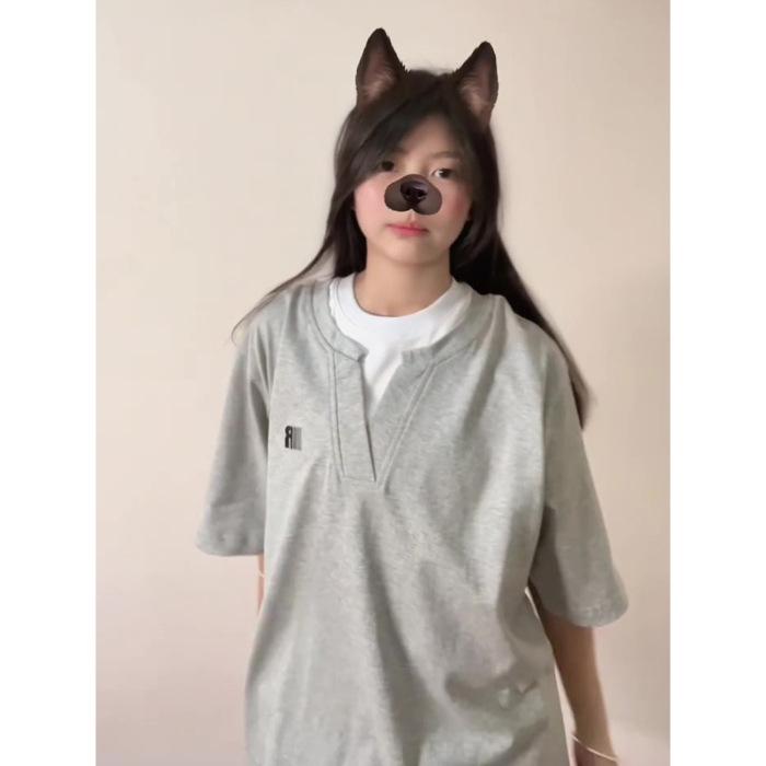 

Женский летний топ с V-образным вырезом, вышивкой, хлопковый, с эффектом двух вещей, с коротким рукавом, 2025 XXL серый