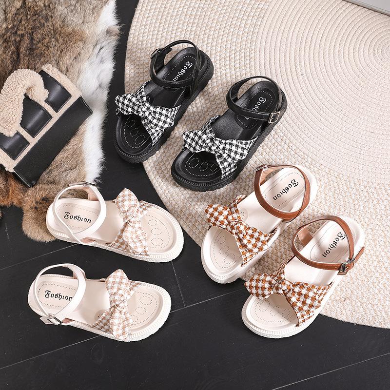 Sandals Women's 2025 Summer New Korean Version of Platform Plaid Bow Casual Versatile Comfortable Simple Beach Sandals
