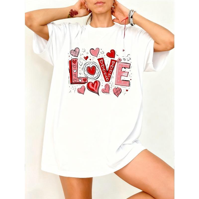 

Fashion Women T Shirt White Front Print Love Hearts Pattern And Text Comfortable for Casual Wear And Valentine s Day M белый