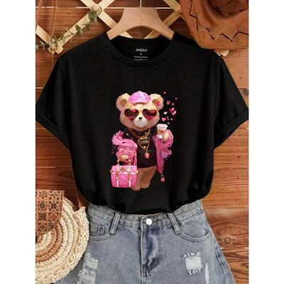 Bear & Love Print T-Shirt, Casual Crew Neck Short Sleeve Top For Spring & Summer, Women's Clothing T Shirts