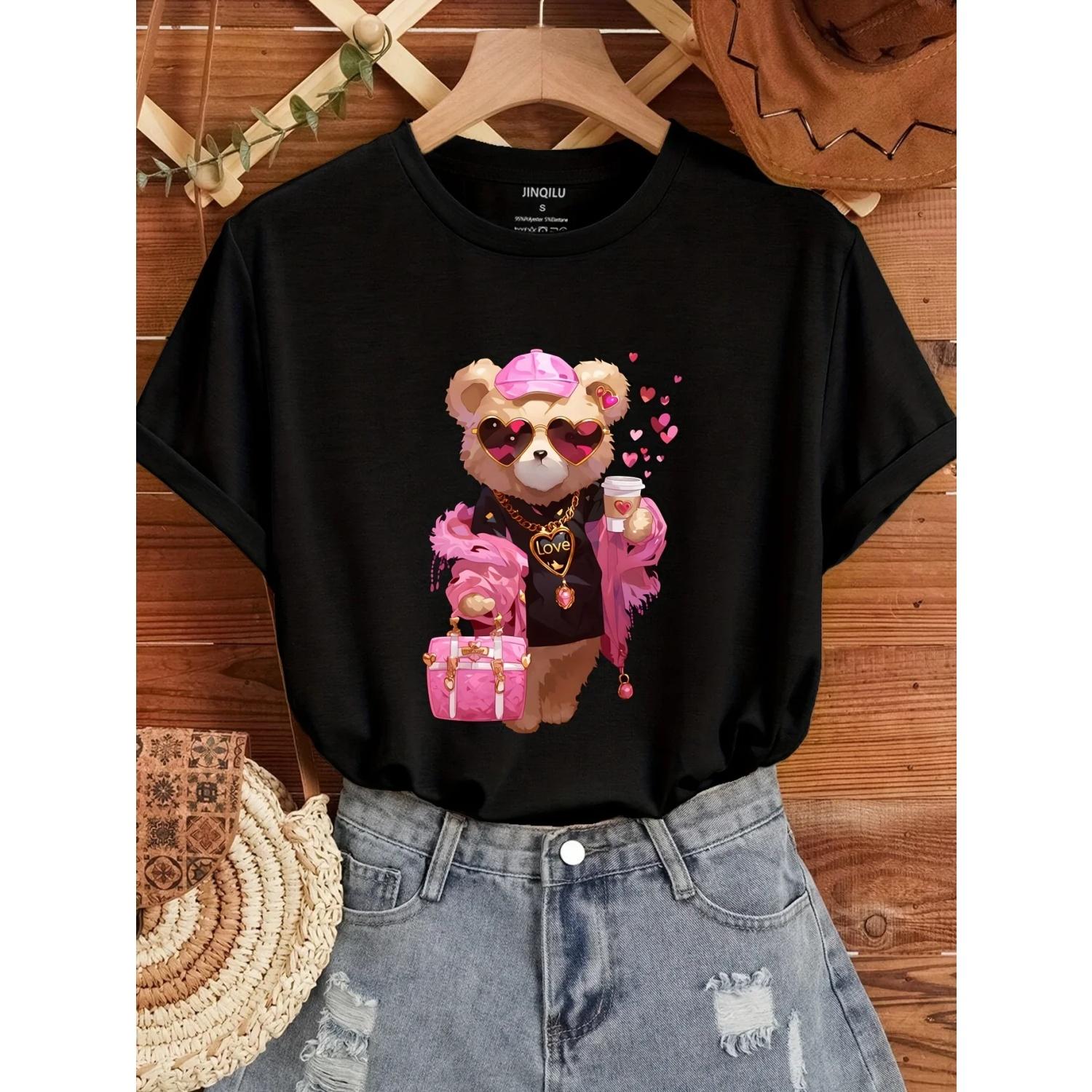 Bear & Love Print T-Shirt, Casual Crew Neck Short Sleeve Top For Spring & Summer, Women s Clothing t shirts S чёрный