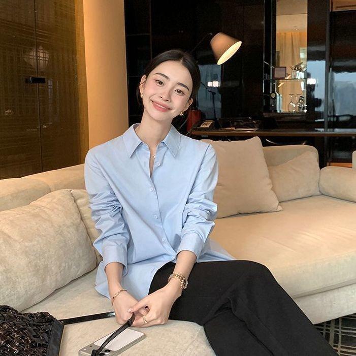 2026 Spring Women's Minimalist Light Blue Loose Long Sleeve Lapel Shirt