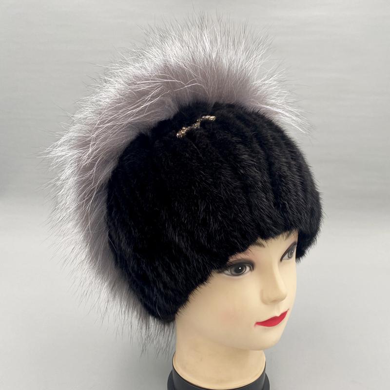 

Зимняя вязаная меховая шапка женская из натурального меха норки и лисы, пушистая, стильная, теплая, черная меховая шапка, новинка, уличный головной убор, шапки-бини elastic 55-59cm чёрный