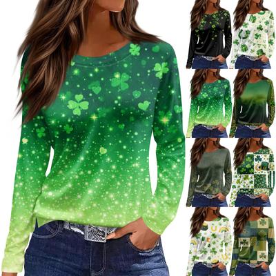 Women's Fashion Casual Slit Hem Round Neck Long Sleeve Loose Printed T-Shirt Ladies Top