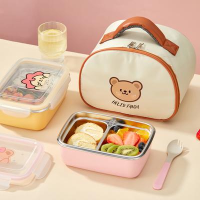Cartoon 304 Stainless Steel Kids Lunch Box Large Capacity 2 Compartment Heatable Portable Leak-proof Lunch Container With Spoon