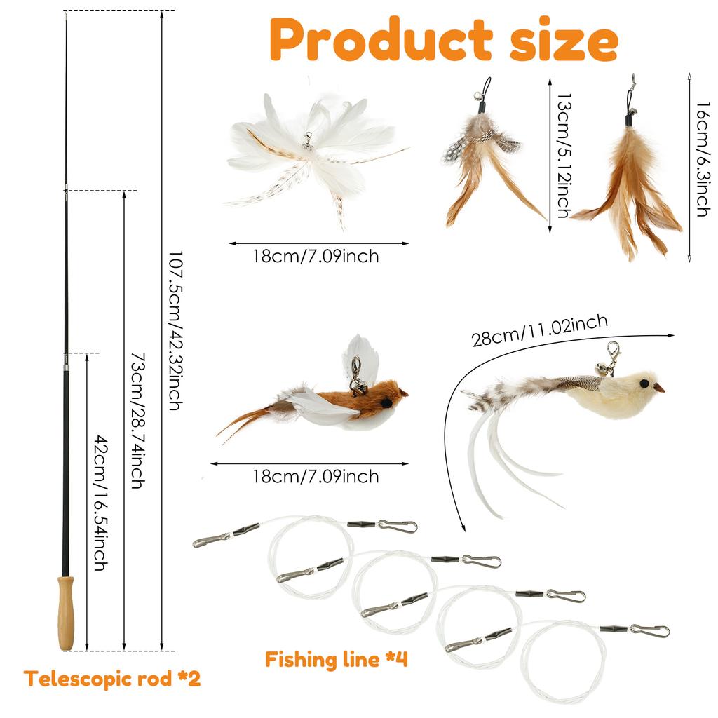 Cat Teaser Wand Toys Interactive Cat Feather Toy with 2 Birds and 3 Feather Refills Retractable Pole for Pet Lovers