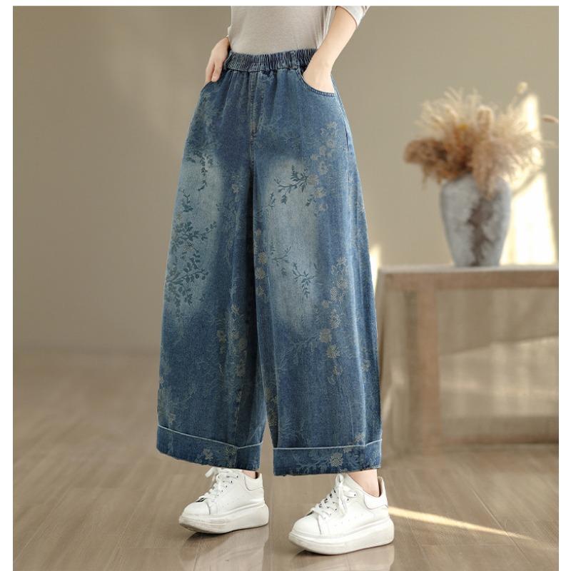 DIMANAF 2025 Plus Size Autumn Jeans New Long Pants Floral Print Women Loose Denim Trousers Big Size Casual
