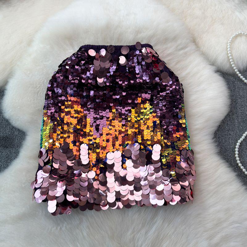 

2024 Summer New Arrival Sexy Wind Heavy Industry Sequin High Waist Bodycon Dress Graceful and Fashionable Shiny Slim Looking Short Skirt for Women Purple One size