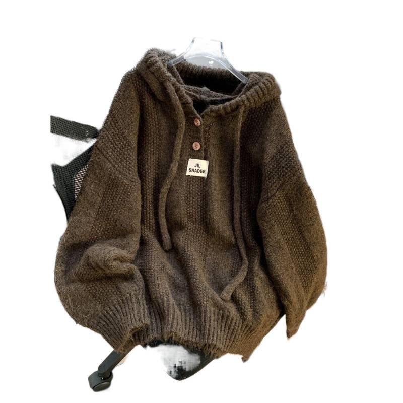 Korean Style Ice Silk Drawstring Hooded Sweater for Women - Autumn/Winter Knit Top 2025