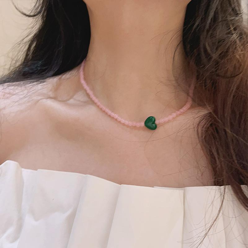 Macaron Ice Through Pink Green Natural Stone Beaded Love Necklace Female Personality Unique Temperament Versatile Neck Chain Collarbone Chain