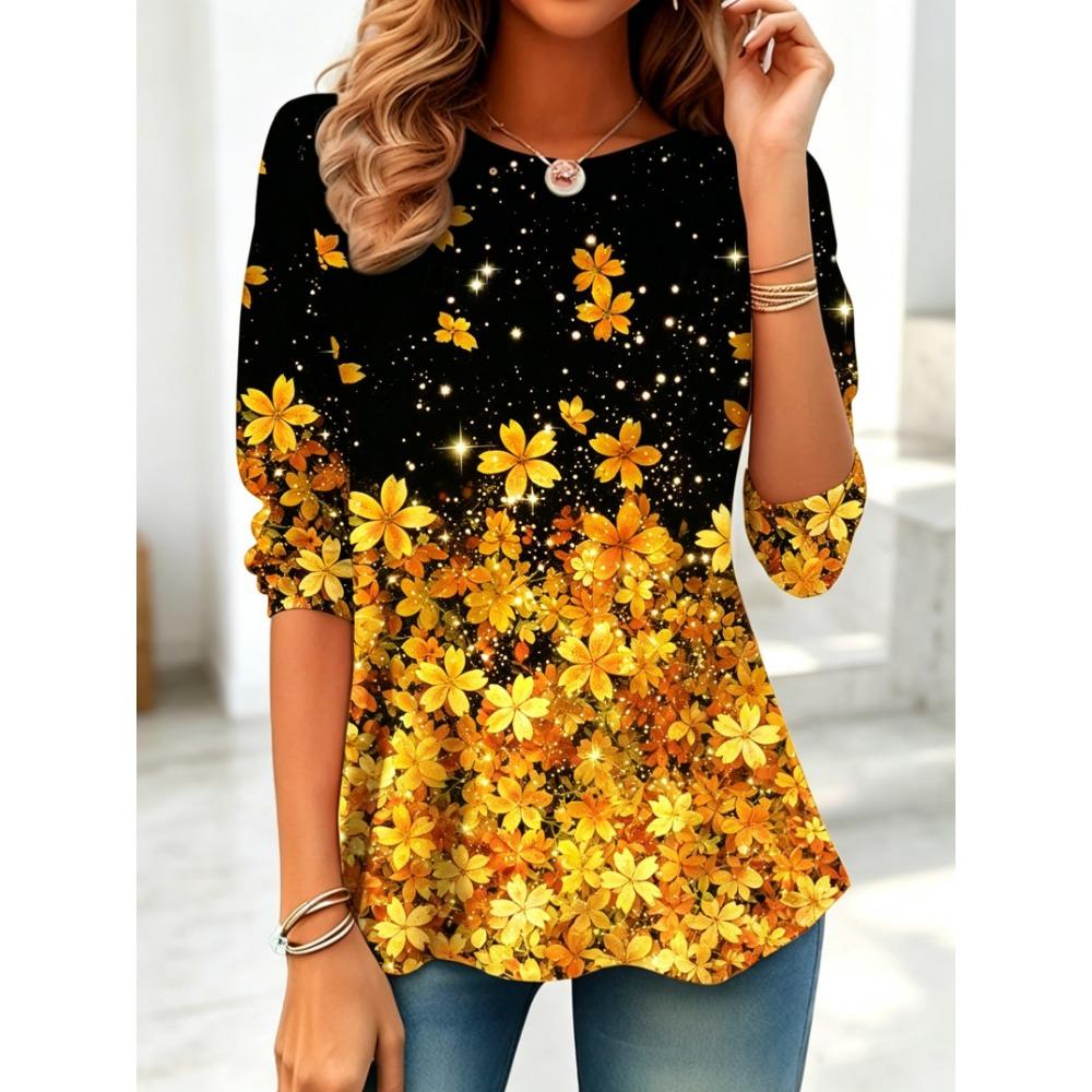 Women's Long Sleeve Crew Neck Pink Floral Glitter Print Casual T-Shirt, Regular Tops for Spring Summer Daily Party Wear