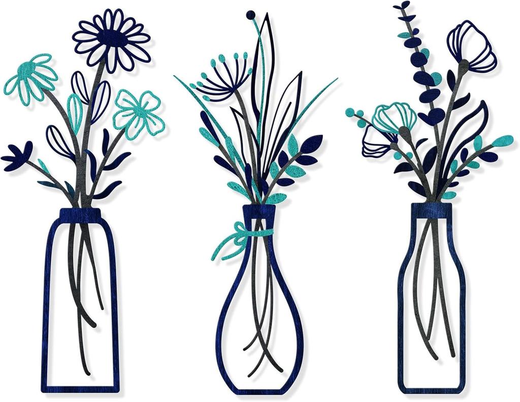 3-Piece Metal Flower Wall Art Set - Rustic Farmhouse Decor: Black Minimalist Flower Wall Decor