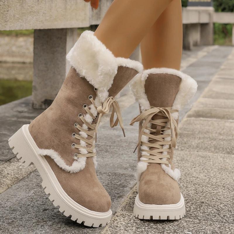 Damskie Zimowe Botki na Platformie ze Sztucznego Futra Damskie Botki do Połowy Łydki Sznurowane Zagęszczone Pluszowe Ciepłe Śniegowce Zagęszczona Bawełna Buty Damskie