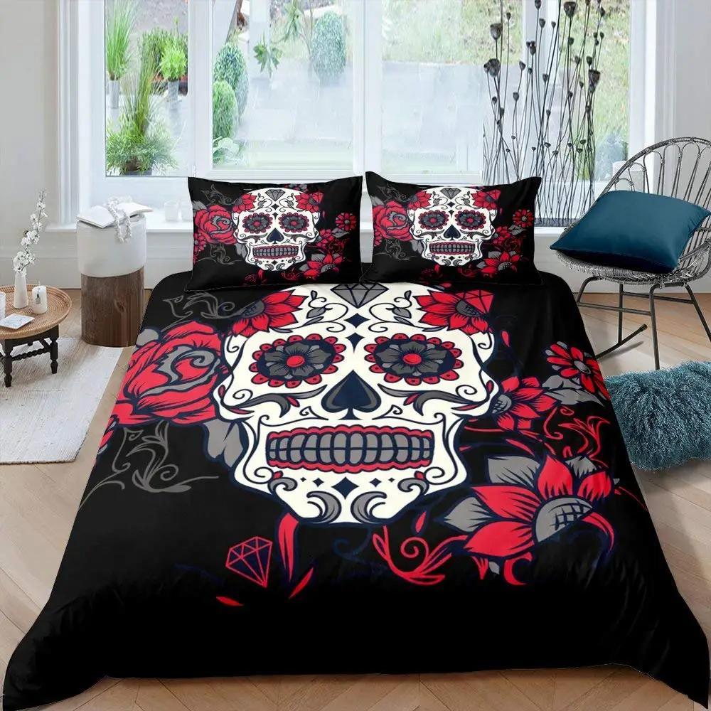 Sugar Skull King Queen Duvet Cover Vintage Skeleton Girl Gothic Day of The Dead Bedding Set Halloween Rose Polyester Quilt Cover
