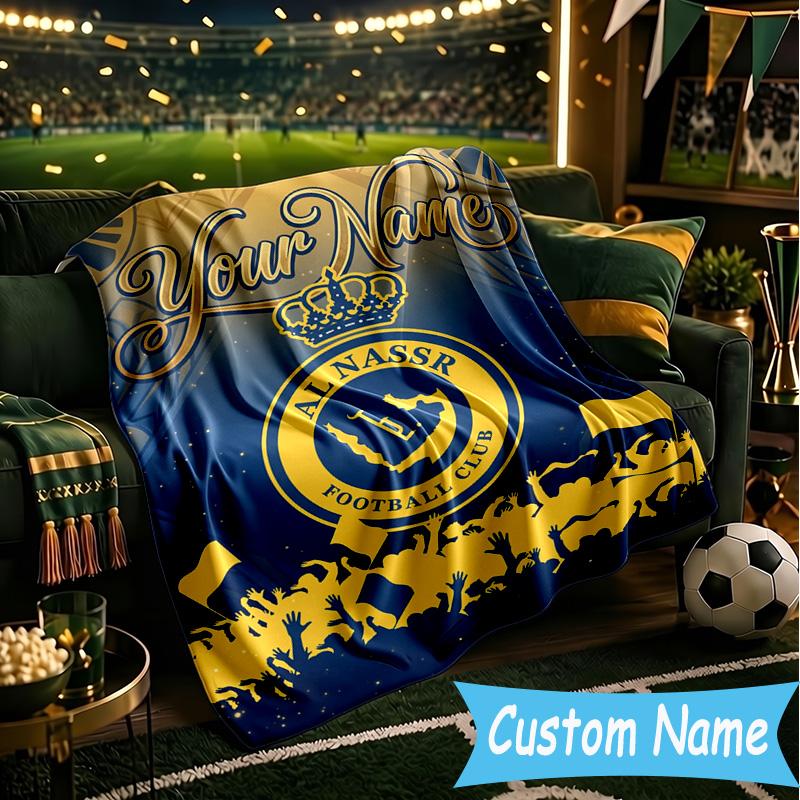 Custom Name Al Nassr Football Club Crest Flannel Blanket, Use for Birthday/Holiday Gift, Soft Blanket for Sofa/Bed/Camping/Office, Home Decor