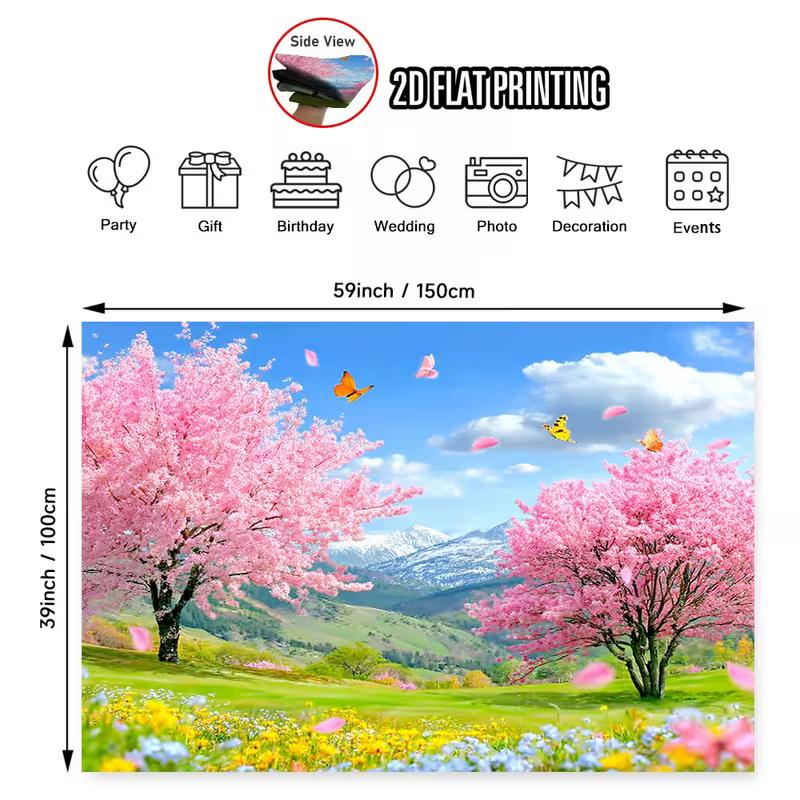 2D Bunte Schmetterlinge und Kirschblütenbäume in einer grünen Frühlingslandschaft