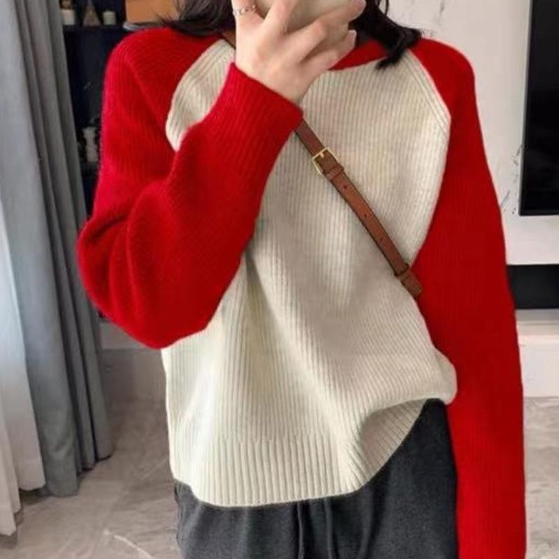Round Neck Contrasting Color Knitted Sweater New Design Sense Autumn Winter Casual Long Sleeved Set Base Women's Top