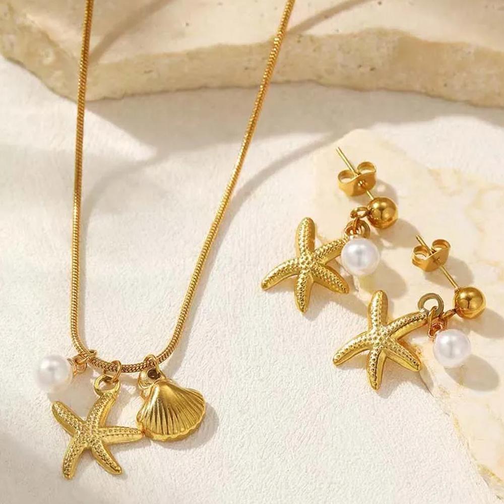 Summer Gold Stainless Steel Shell Starfish Crab Drop Earrings For Women Beach Ocean Hoop Drop Stud