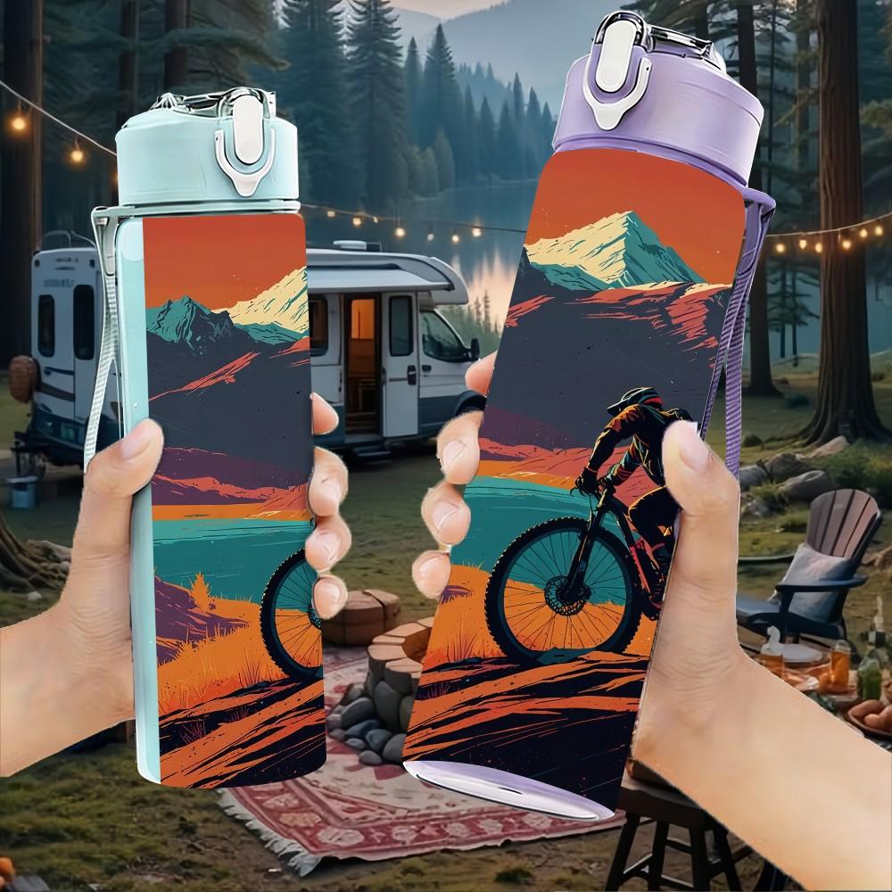 1PC Mountain Biking Cycling Scenery Print 750ml Color Plastic Sports Water Bottle Leakproof Flip Straw Lid Suitable for Sports Office Home Use