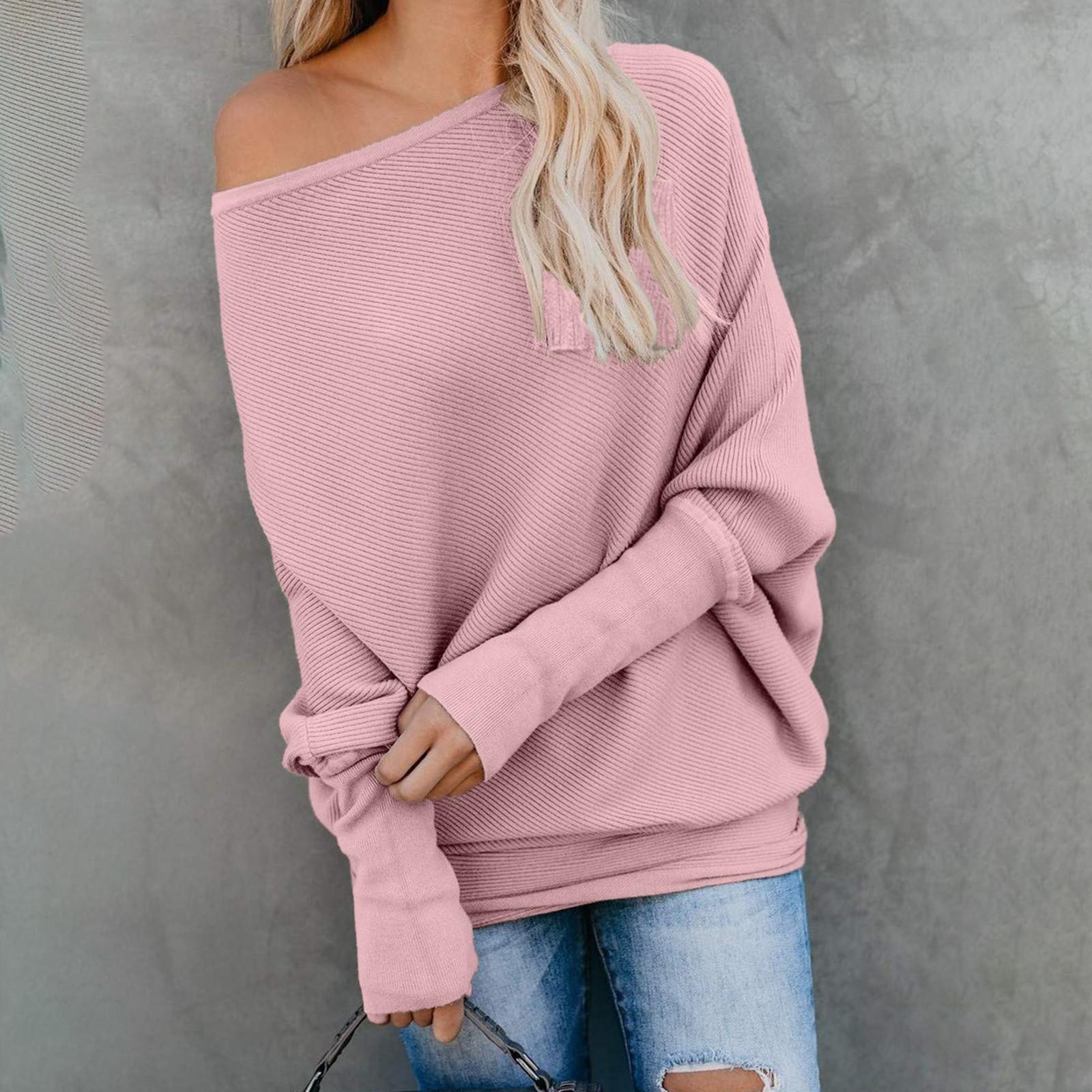 

Женский повседневный модный свободный однотонный сексуальный вязаный топ на одно плечо с длинными рукавами S розовый