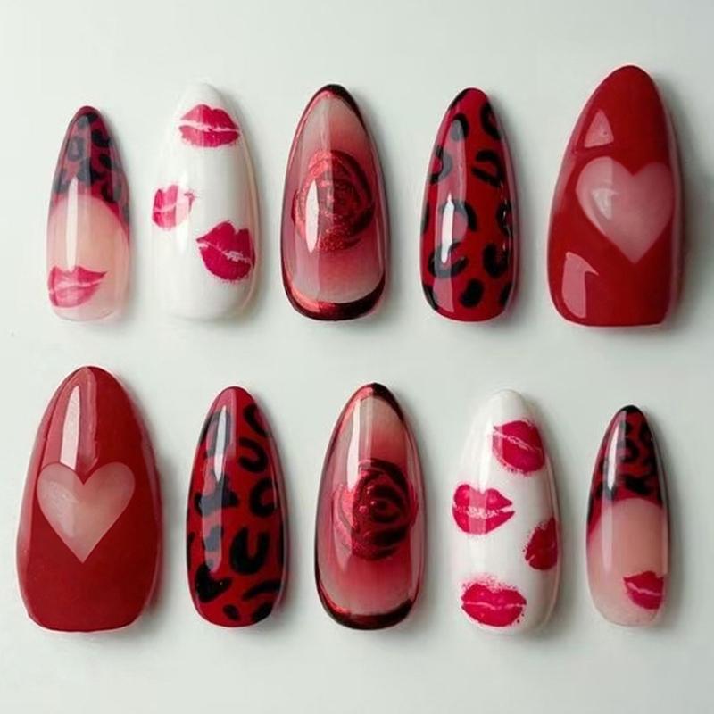 

30Pcs Artificial Nail Featuring Red Kiss Rose Leopard Print In ABS Construction Fake Nail For Long Lasting Wear 1
