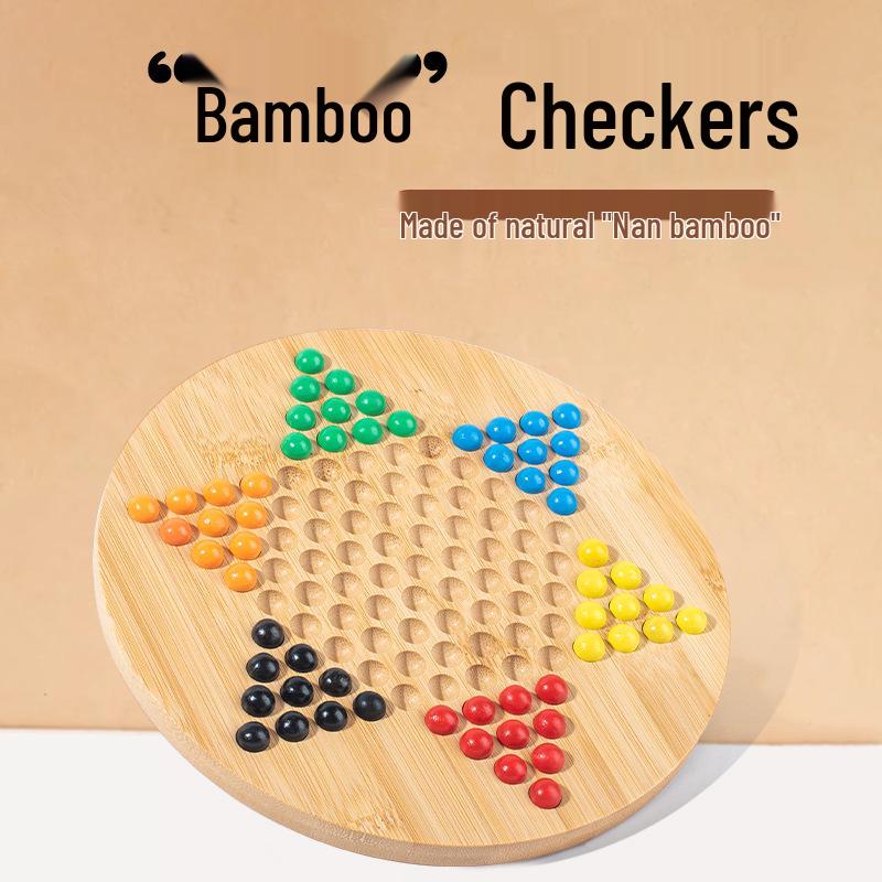 Children's Hexagonal Bamboo Jump Checkers Game with Colorful Wooden Beads, Parent-Child Interaction Board.