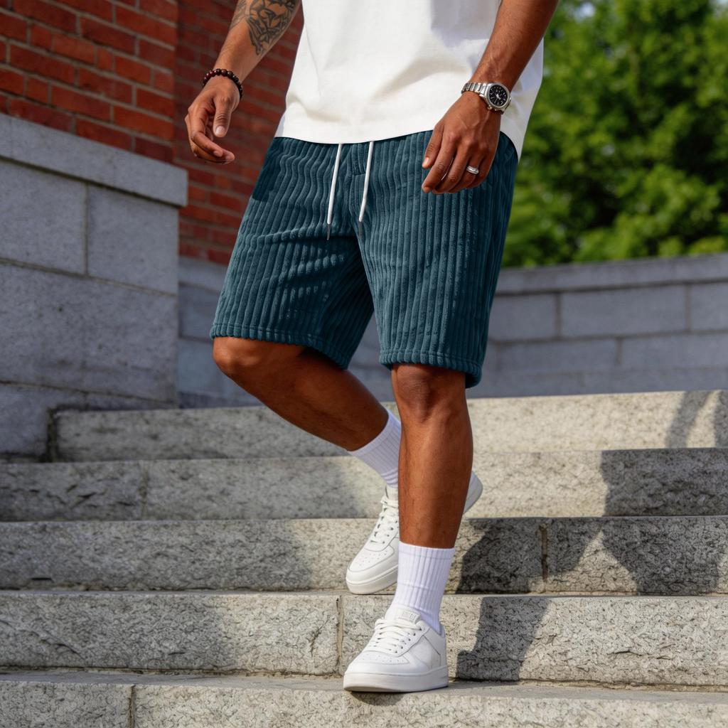 Men’s Corduroy Shorts with Patch Pockets Relaxed Fit Mid Length Elastic Waistband Casual Design