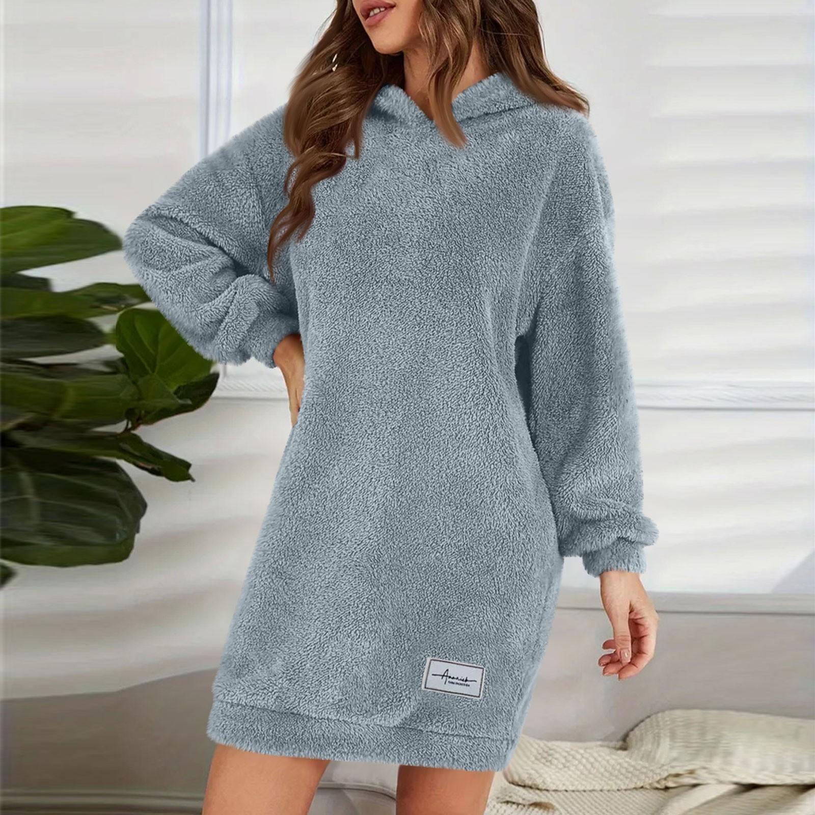 

Женское модное плюшевое платье с капюшоном и длинными рукавами, однотонная повседневная толстовка L синий