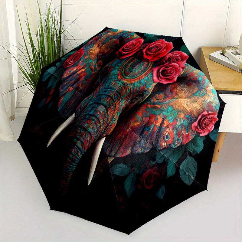 

Colorful Elephant & Roses Artwork Umbrella - Automatic Folding, 8 Ribs for Durability, Vibrant Floral Design, Perfect Holiday Iron&8K
