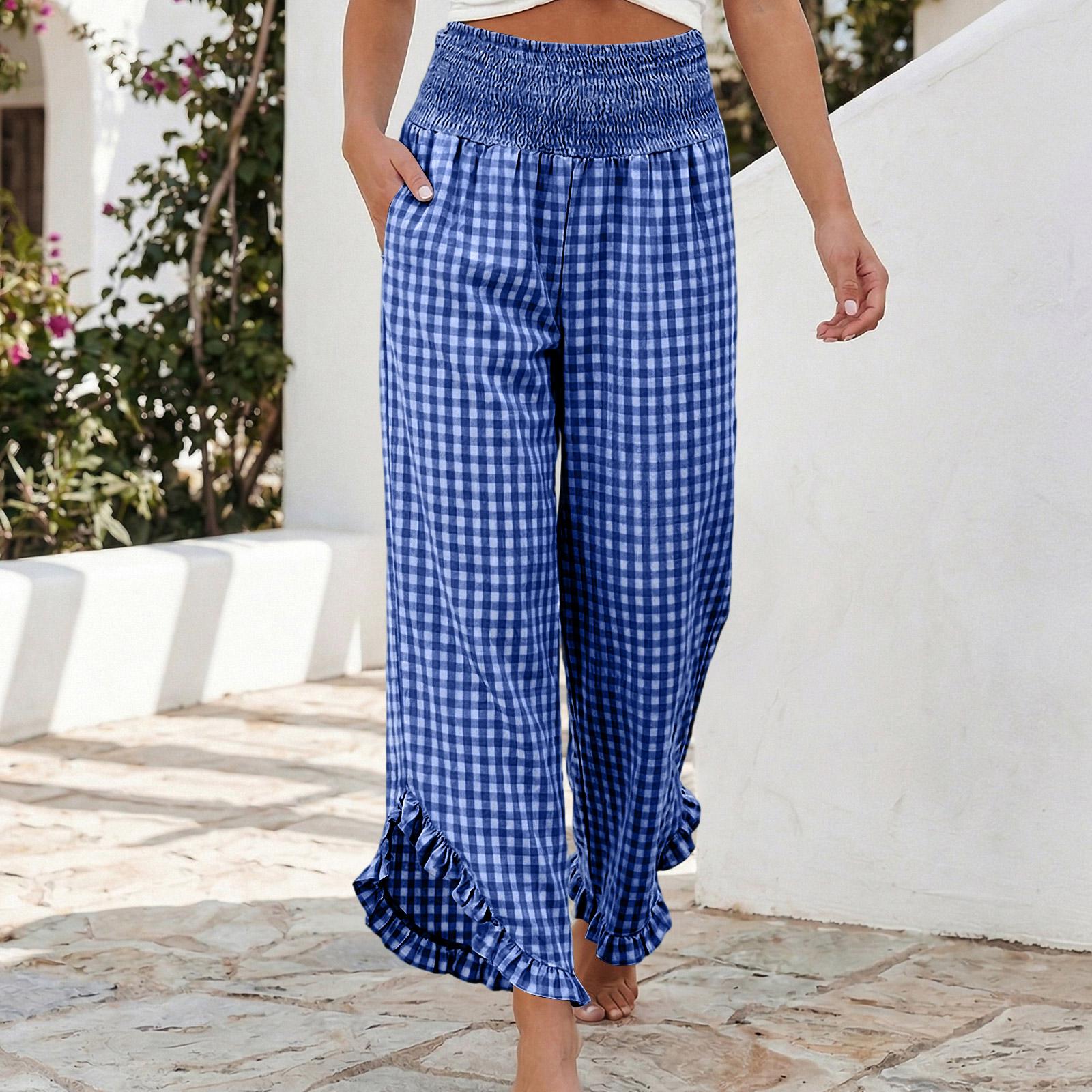 

Женские брюки-палаццо, летние повседневные струящиеся брюки с широкими штанинами, наряды для пляжа, путешествий, отпуска L синий