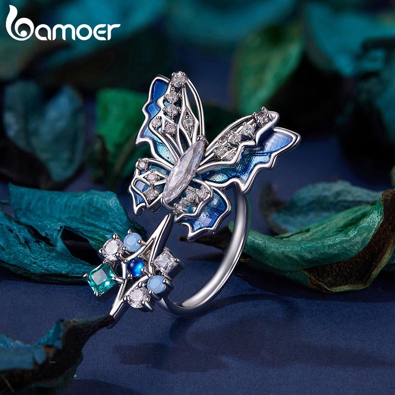 BAMOER White Gold Plated Ice & Snow Butterfly Ring with Blue Enamel, Adjustable Statement Ring for Women Unique Original Design