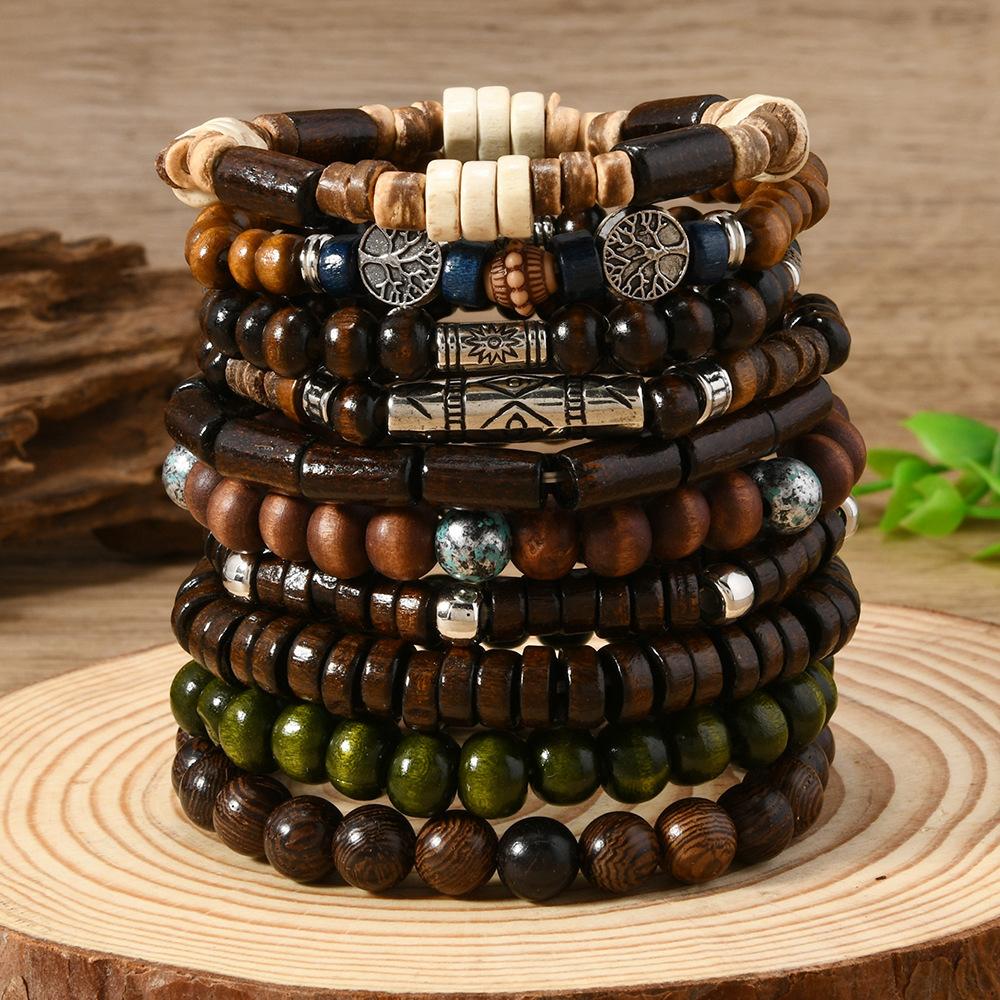 TEMU Xiyin's new 12-piece set of beaded bracelets cross-border coconut shell wooden bead elastic men's bracelets do not contain boxes.