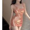 Autumn and summer Internet celebrities sexy pure desire swinging collar halter glossy suspender dress split hip wrap high-end short skirt
