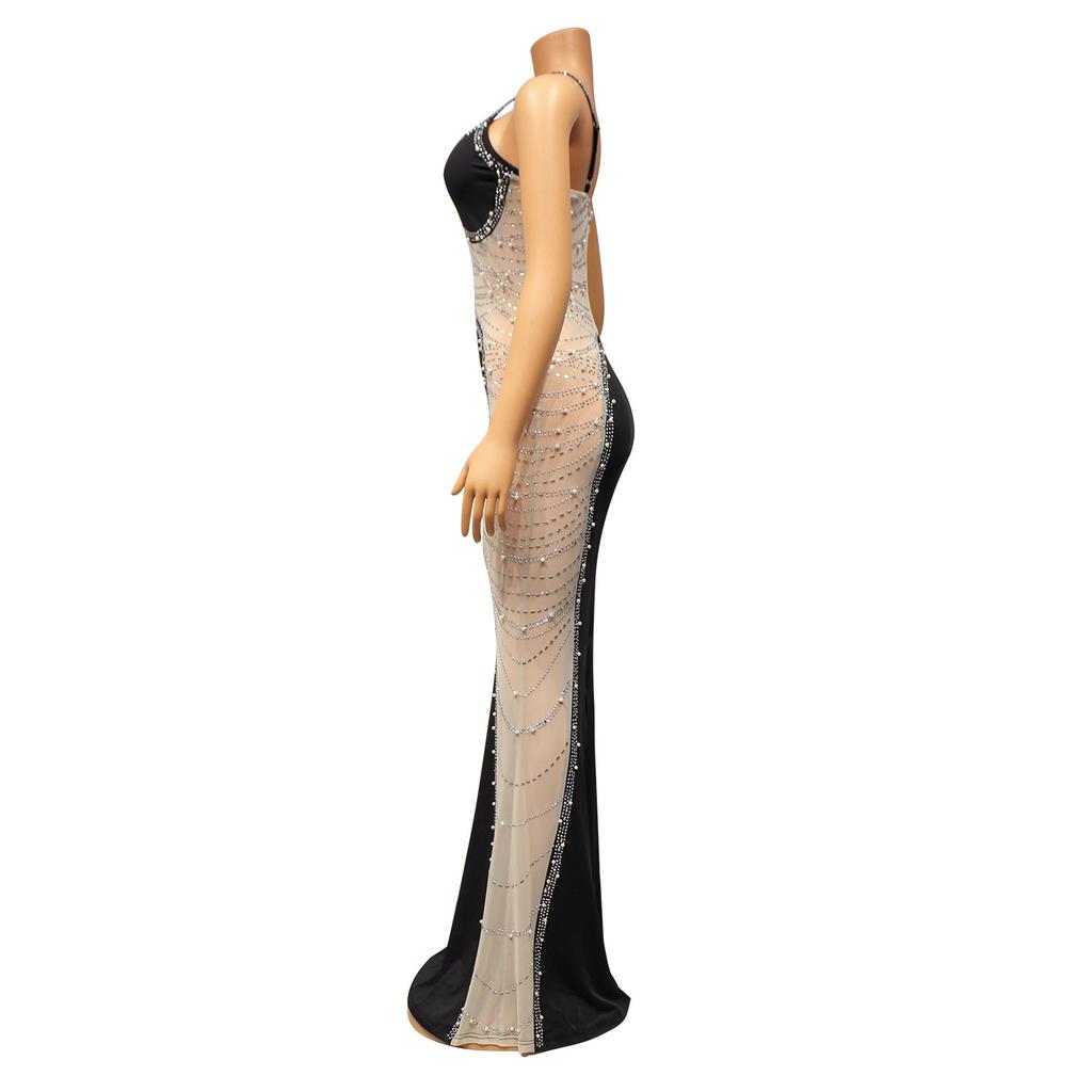 Women Sexy Chic Shiny Rhinestone Long Dress Elegant Back Slim Dresses Fashion Party Club Evening