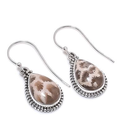 Natural Fossil Coral Gemstone 925 Solid Sterling Silver Gift Earring 1.25" a2A74