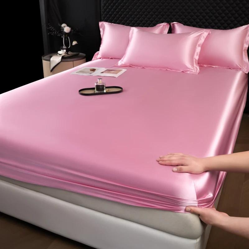 1Pc Satin Elastic Fitted Sheet Solid Mattress Cover for Single Double Couple King Queen Full Twin Bedsheet Satin Bed Linen