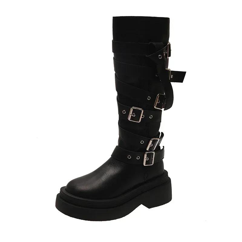 2024 Shoes for Women Side Zipper Women's Boots Winter Round Toe Solid High Tube Platform Chunky Heels Knight Boots