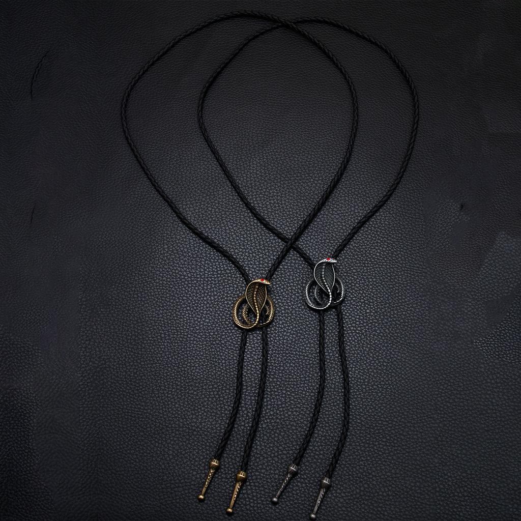 Western Punk Bolo Tie Vintage Antiqued Metal Cobras Snake Pendant Shirt Chain Collar Necktie Faux Leather Rope Necklace