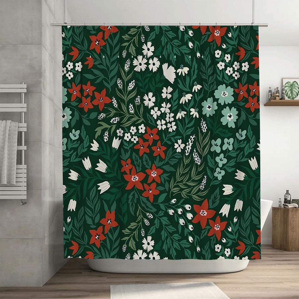 Green Floral Shower Curtain Decor Waterproof Fabric Bath Room Decoration for Home Bathroom Red White Flowers Green Leaf Pattern