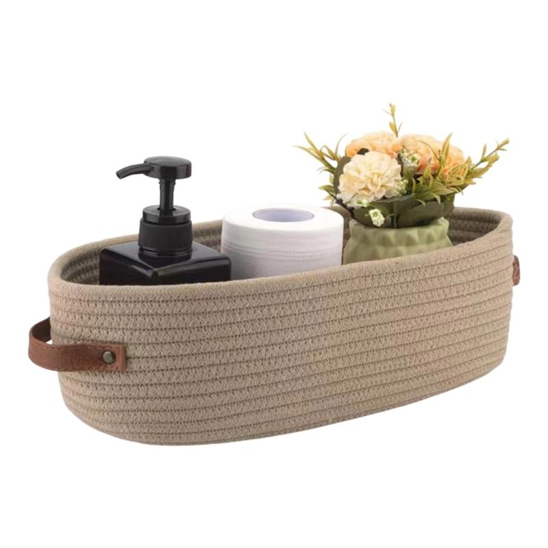 Natural Cotton Rope Oval Storage Basket Featuring Sturdy Leather Handles For Home Use