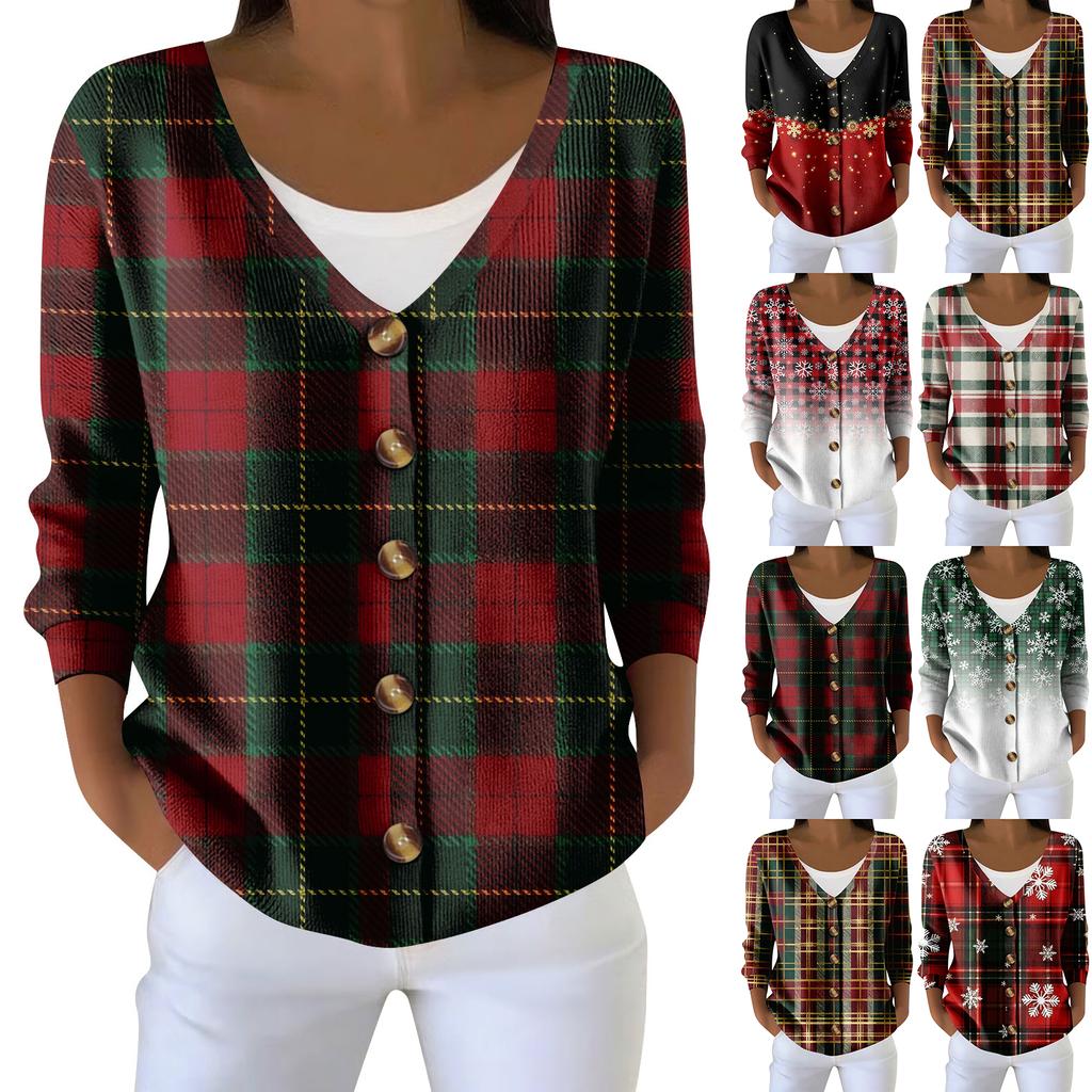 Damemote Langermet Christmas Snowman Snowflake Print Jakke Cardigan