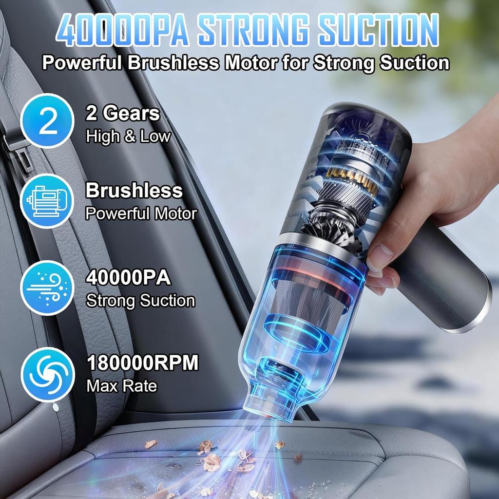 Handheld Car Air Vacuum Cleaner, 40000Pa Rechargeable Cordless Vacuum Cleaner Air Duster, High Power Mini Vacuum with Stainless Steel Filter, HEPA