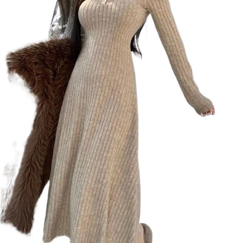 Damen Slim Fit V-Ausschnitt Strickkleid in Midilänge - Unifarben, Stilvoller Herbstrock