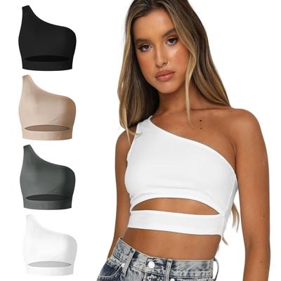 Dámské módní žebrované slim tílko Sexy jednoramenný ultra krátký crop top Horké letní měkké všestranné tílko