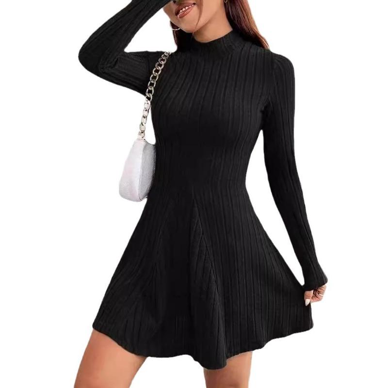 Podzimní a zimní šaty s dlouhým rukávem, polovičním rolákem, áčkového střihu, krátké, slim fit v pase, žebrované, áčkové, společenské šaty, dámské, ležérní, jednoduché oblečení