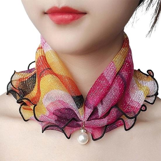 Scarf Painting Print Imitation Pearl Durable Ruffle Edge Lady Headscarf for Banquet